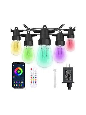 Outdoor String Lights 50FT- 20 RGBW LED Bulbs Dimmable & Waterproof App & Remote